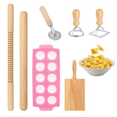 Imagem de Kit de ferramentas para fazer macarrão de ravióli, tábua de nhoque de madeira com cortador de macarrão, carimbo de ravióli, conjunto de macarrão e rolo de massa, presente de cozinha caseiro para