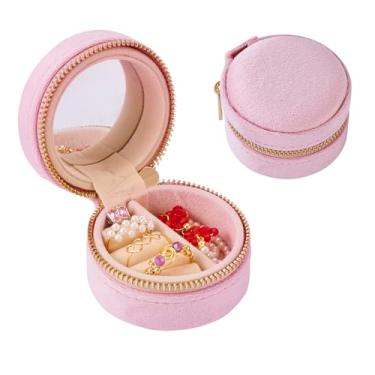 Imagem de Pequena caixa de joias redonda de viagem para mulheres, pequena caixa de armazenamento portátil com espelho para anéis, brincos, colares, pulseira, presente, rosa