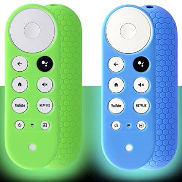 Imagem de 2 capas de controle remoto compatíveis com Chromecast com controle remoto por voz do Google TV, capa de silicone antiderrapante (verde, azul celeste, brilho)