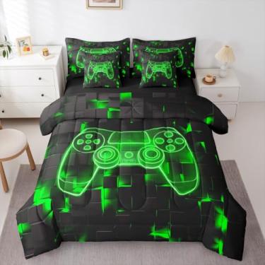 Imagem de Erosebridal Jogo de cama solteiro com 7 peças, para meninos, controle de jogo, ombré, geométrico, quadrado, para crianças, adolescentes, homens, verde e preto