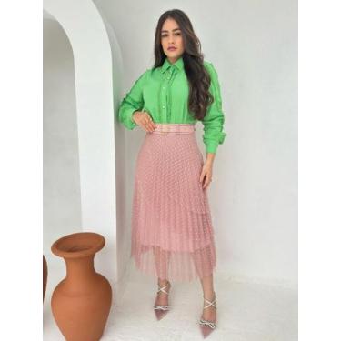 Imagem de Saia Rodada Midi Soltinha com Babado Camadas em Tule - Fashion, Rosê, 