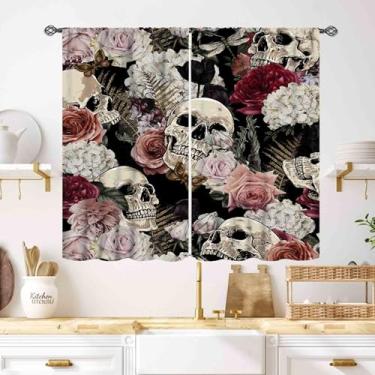 Imagem de Cortinas de janela de caveira gótica, boho, preto, vermelho, floral, rosa, bruxa, misterioso, caveira, estampa de esqueleto, cortinas para quarto, sala de estar, banheiro, decoração de festival de