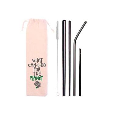 Imagem de Kit 6 em 1: 4 canudos de inox (shake 10mm) + Escova + Ecobag What - CA