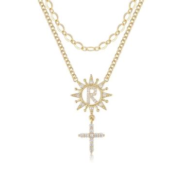 Imagem de TANTIUE Colar feminino com letras e cruz de girassol banhado a ouro 14 K, zircônia cúbica, girassol com inicial em camadas, pingente de cruz A - Z, joia feminina, adjustable, Latão, Zircônia cúbica