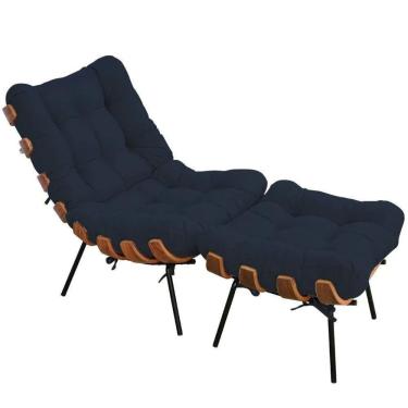 Imagem de Kit Poltrona Costela Com Puff Para Sala Veludo Azul Marinho