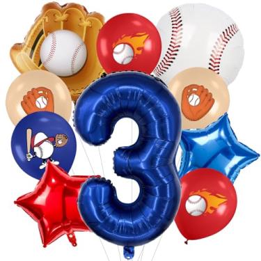 Imagem de Zailo Número de balões grandes com tema de beisebol de 81 cm, números de 0 a 9, suprimentos para aniversários, azul marinho, vermelho e branco, artigos para festas esportivas, conjunto de arco