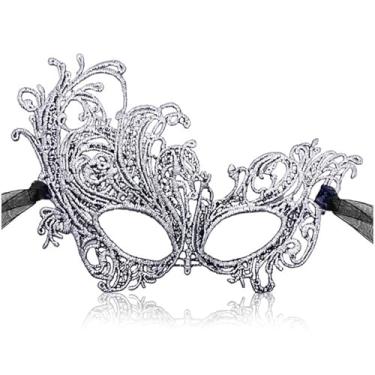 Imagem de MYMENU Máscaras de baile de máscaras femininas de renda para dia das bruxas, máscara veneziana de carnaval para fantasia, cosplay, festa de carnaval (prata)