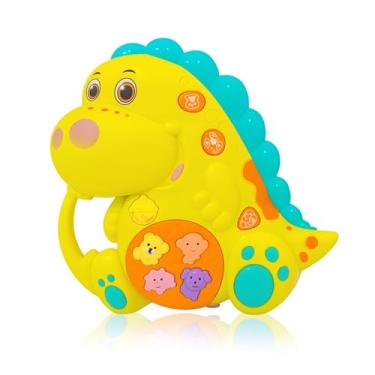 Imagem de Brinquedo Musical Infantil Dinossauro, Piano Teclado Educativo em Plástico, Amarelo e Turquesa, 8 Teclas com Sons de Animais, Funciona com Pilhas AAA, para Bebês a partir de 18 Meses