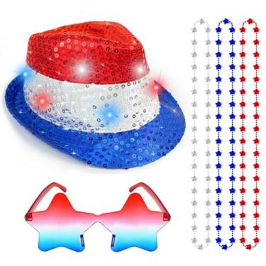 Imagem de Hikkcos Chapéu Fedora de lantejoulas de 4 de julho, vermelho, branco e azul, roupa patriótica, acessório para a cabeça, dia da independência, desfile, fantasia, festa de Halloween, acessórios para