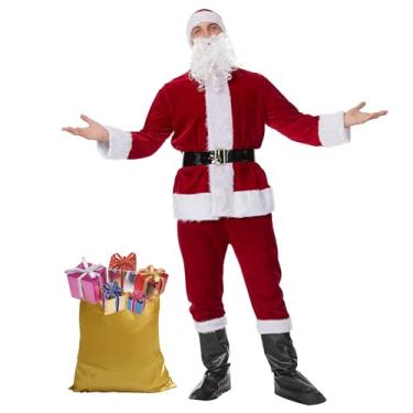 Imagem de muyulin Fantasia masculina de Papai Noel para adultos, 7 peças, roupas de Papai Noel grandes de veludo de luxo para o Natal, festa de cosplay, com chapéus, barba, cinto, Vermelho, GG