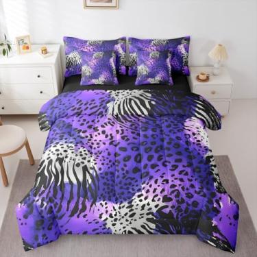 Imagem de Erosebridal Jogo de cama Queen com estampa de leopardo de guepardo, 7 peças, lençol com estampa de casa de fazenda rústica, animal africano, preto, roxo, tema de pele de animal, para adolescentes