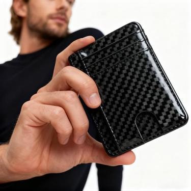 Imagem de Carteira pequena e fina para homens e mulheres, porta-cartões minimalista de couro com bolso frontal com design de bloqueio de RFID, Preto texturizado, Minimalista