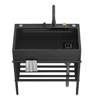 Imagem de TRGCJGH Pia de cachoeira Nano Raindance, pia de cozinha de aço inoxidável independente, com torneira tábua de cortar acessórios para pia de estação de trabalho (70 x 45 x 75 cm/27 x 18 x 29 pol, preto