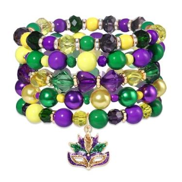 Imagem de BSJELL Pacote com 5 pulseiras de contas empilháveis de Natal de Ação de Graças Dia de São Patrício Dia dos Namorados Pulseira elástica com contas pulseiras de berloques festivos joias presentes para mulheres, 3.0, Plástico, Sem pedras preciosas