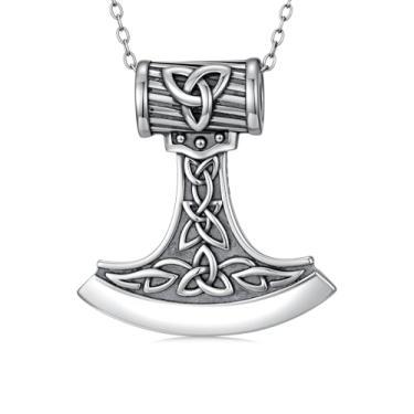 Imagem de Dralox Colar de machado guerreiro celta para homens e mulheres, pingente de machado guerreiro infinito S925 prata esterlina S925 com proteção de força preta oxidada joias presentes