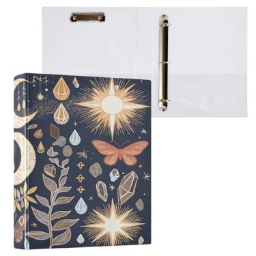 Imagem de Blueangle Fichário Boho Sol e Lua com 3 anéis com prancheta e 2 bolsos - Organizador de documentos decorativos de 3 cm para escritório, suprimentos para reuniões (306)