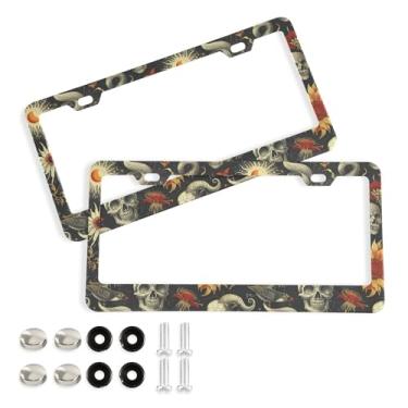 Imagem de SEHANY Molduras de placa de carro vintage rosa crânio, capas de alumínio à prova de ferrugem com furos elípticos e parafusos serve para veículos padrão dos EUA tamanho acessórios de carro para