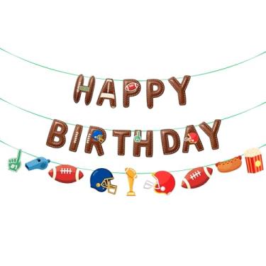 Imagem de Conjunto de faixa de feliz aniversário com tema de futebol com decorações esportivas, letras marrons, suprimentos de festa