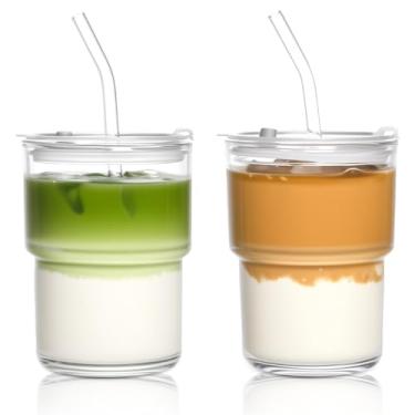 Imagem de AUFXKOO Copos de café gelado de 425 g com tampas reutilizáveis, 2 peças de copos de vidro matcha, copos de vidro com tampas e canudos, copo de café de vidro transparente para beber água, chá, suco