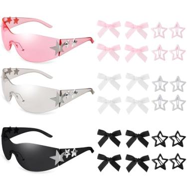 Imagem de JATEBI 3 pares de óculos de sol Y2K para mulheres e homens, óculos de sol modernos com proteção envolvente, sem moldura, com 12 presilhas de cabelo e 12 presilhas Y2K Star