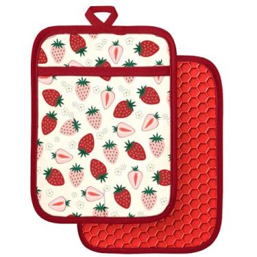 Imagem de Slohif Conjunto de 2 suportes de panela 100% algodão - Almofadas quentes de forno resistentes ao calor de morango para bancada, assar em casa, cozinhar no micro-ondas