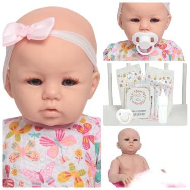 Imagem de Boneca Reborn Silicone Carequinha Olhos Azuis Vestido Itens - Cegonha 