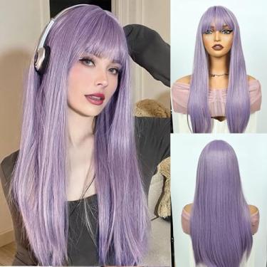 Imagem de Perucas roxas longas e retas para mulheres com franja 61 cm peruca de cabelo sintético resistente ao calor para meninas cosplay e uso diário