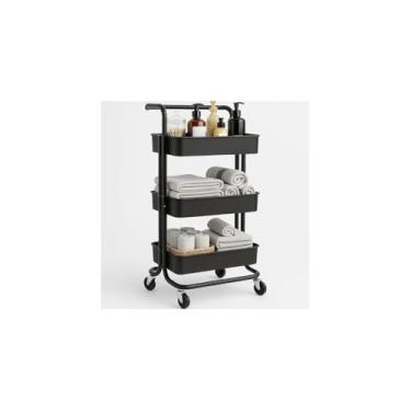 Imagem de Prateleira de Metal Multiuso 3 Andares com Rodinhas, Preta, 77x30x45cm, Organizador Portátil para Cozinha, Banheiro, Escritório