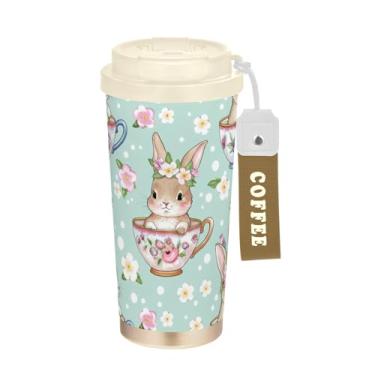 Imagem de TSENQUE Copo de café de 473 ml com canudo e tampa, copo de café de aço inoxidável à prova de vazamento para escritório, escola, festa, acampamento, coelho, fofo, floral, xícara de chá de Páscoa