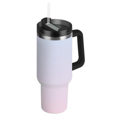 Imagem de Elegante copo azul fofo rosa gradiente com tampas e canudo garrafa de água de aço inoxidável isolado 1,134 g copo com alça copos de café quente térmico para carro