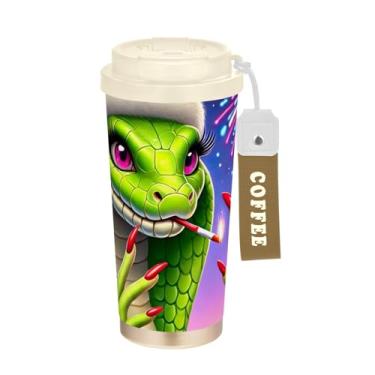 Imagem de TSENQUE Copo de café de viagem 473 ml com canudo e tampa, revestimento cerâmico isolado a vácuo caneca de café de aço inoxidável à prova de vazamento, engraçado Natal verde cobra