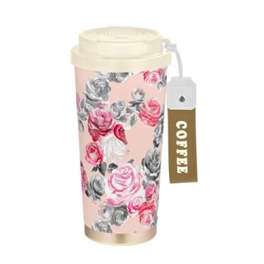 Imagem de Caneca de viagem de café 40 ml com canudo e tampa, revestimento cerâmico isolado a vácuo copo de café de aço inoxidável à prova de vazamento, aquarela blush rosa cinza rosas