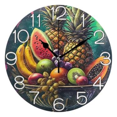 Imagem de GAIGEO Relógio de parede decorativo analógico redondo sem tique-taque silencioso relógio de cozinha de escritório, arte de parede moderna, decoração de casa, frutas vibrantes coloridas, 25 cm