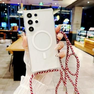 Imagem de Capa de acrílico à prova de choque para Samsung Galaxy S25 Ultra, S23, S24 Plus, S25 Plus, tira transversal, magnética, sem fio, transparente, vermelha, para S25 Plus