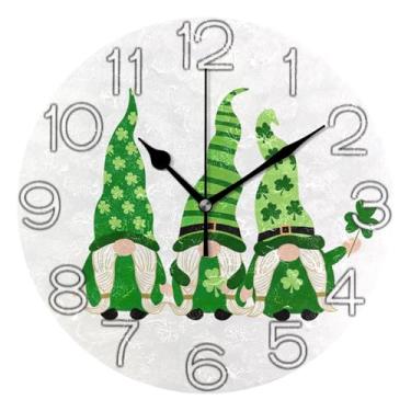 Imagem de Relógio de parede analógico decorativo escritório cozinha relógio divertido alimentado por bateria, decoração de parede vintage sala de estar bonito São Patrício gnomos verdes, 25 cm, ponteiros pretos