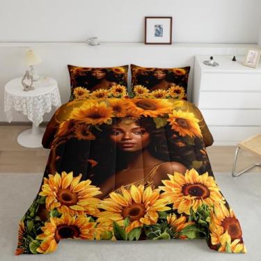 Imagem de Conjunto de edredom preto tamanho king, beleza africana americana, para decoração de quarto de crianças, mulheres, adolescentes, adultos, 3D, girassol, natureza, romântico, 3 peças, 2 fronhas