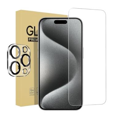 Imagem de Pacote com 1 protetor de tela para iPhone 15 Pro [6,1 polegadas] com 1 protetor de lente de câmera, película de vidro temperado, HD transparente, dureza 9H, sem bolhas, compatível com capa
