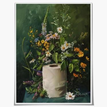 Imagem de Arte de parede de banheiro verde escuro vintage impressão em tela caprichosa flores silvestres pôster de papel higiênico moderna pintura floral temperamental para banheiro banheiro banheiro decoração