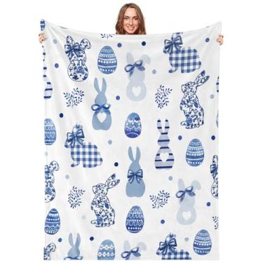 Imagem de Fanfanwin Cobertor de Páscoa Chinoiserie Cobertor de Coelho e Ovo Azul e Branco Macio Amigos Presentes para Sala de Estar Sofá-Cama Cadeira ou Dormitório, 127 cm x 152 cm