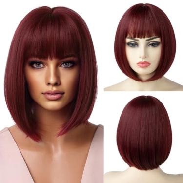 Imagem de Peruca curta reta bob com franja 20 cm moda sintética colorida cosplay diária festa peruca para mulheres vinho tinto