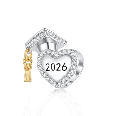 Imagem de QeenseKc Chapéu de solteiro com pingente de coração de formatura 2025 2026 compatível com pulseira Pandora, Cobre, Strass