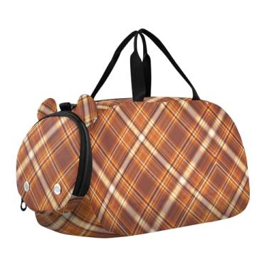 Imagem de Bolsa esportiva para meninos durante a noite, bolsa esportiva colorida com estampa de tartaruga amarela para viagem, bolsa esportiva infantil, Listras xadrez, marrom, laranja, Clássico