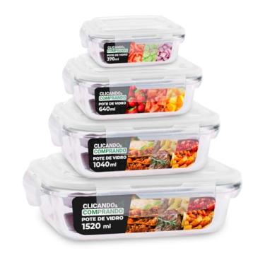 Imagem de Kit 4 Potes Hermético de Vidro Geladeira Marmita 370ml/640ml/1040ml/1520ml