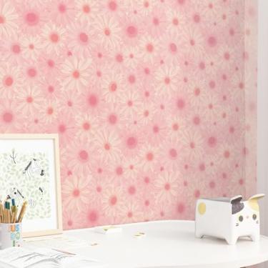 Imagem de EPPKILY Papel de parede floral rosa suave descasque e cole papel de parede de flor rosa vintage papel de contato floral autoadesivo removível mural de parede para quarto de meninas decoração de