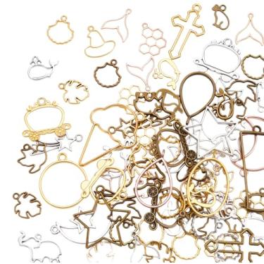 Imagem de SOFPLATE Amuletos de moldura aberta nas costas, 100 g, berloques de moldura oca, liga de metal a granel, aleatoriamente, misturado, colorido, tibetano, formas variadas, molduras de resina, pingentes