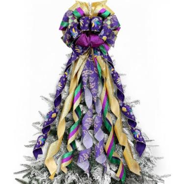 Imagem de Liliful Arco de topo de árvore de carnaval grande com laços gordos de terça-feira 29 x 113 cm fita dourada roxa verde metálica com glitter para grinaldas, decorações de carnaval de Nova Orleans