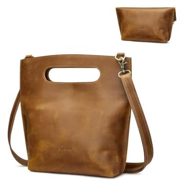 Imagem de S-ZONE Bolsa tiracolo feminina vintage de couro genuíno envelhecida dobrável com alça superior, Marrom claro, Small, Bolsa transversal