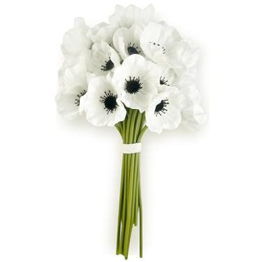Imagem de MOEFAL 18 peças de flores de anêmona falsas brancas – mini flores brancas artificiais, buquê de casamento falso para centros de mesa, decoração de chá de panela, arranjos florais falsos DIY e