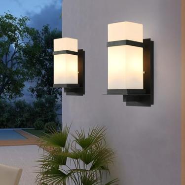 Imagem de GZZBMY LED apliques de parede exterior IP65 impermeável metal candeeiros de parede abajur de vidro moderno interior / exterior iluminação para jardim varanda terraço Pathway (luz quente preta, 2 peças
