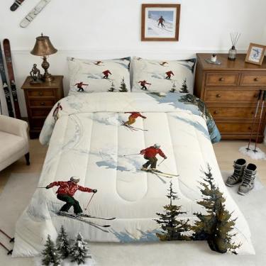 Imagem de Castle Fairy Conjunto de cama de esqui, aquarela, desenho animado de árvores selvagens, esquiador, para crianças, adolescentes e adultos, estilo esportivo moderno, com 2 fronhas, tamanho Queen, 3